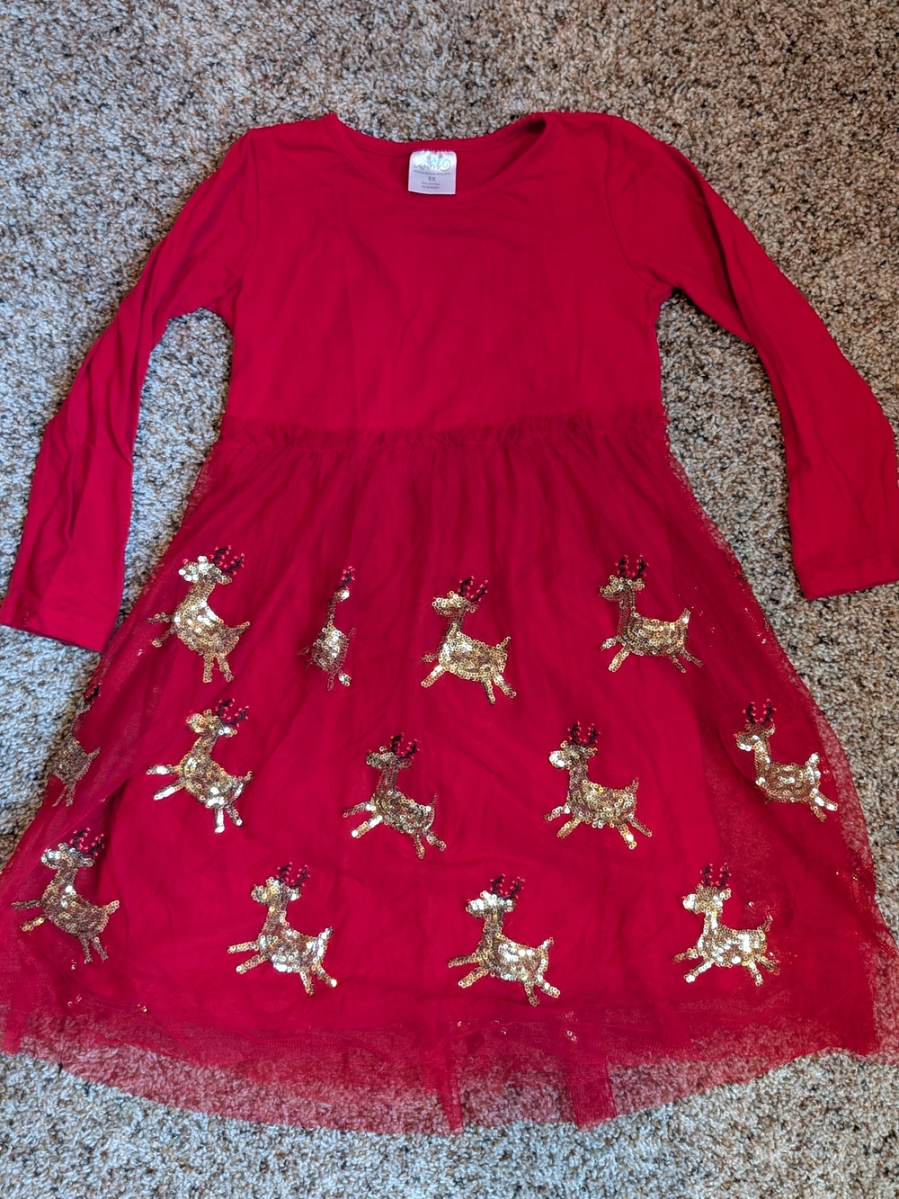 Girls' Red Sequin Reindeer Tulle Holiday Dress